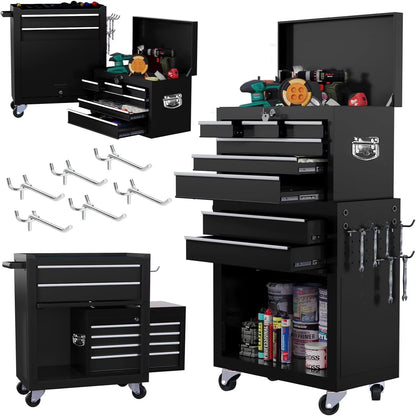 8-Drawer Rolling Tool Chest, Large Tool Cabinet with Wheels, Detachable Toolbox Storage for Garage, Repair Shop, Workshop, Black