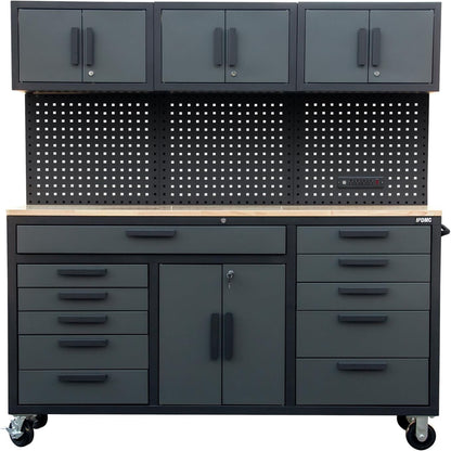 72In Rolling Tool Chest Cabinet Mobile Garage Workbench Heavy-Duty Tool Cabinet on Wheels with 11 Drawers, 2-Door Cabinet, 3 Top Cabinet, Pegboard & Power Strip for Tool Organization