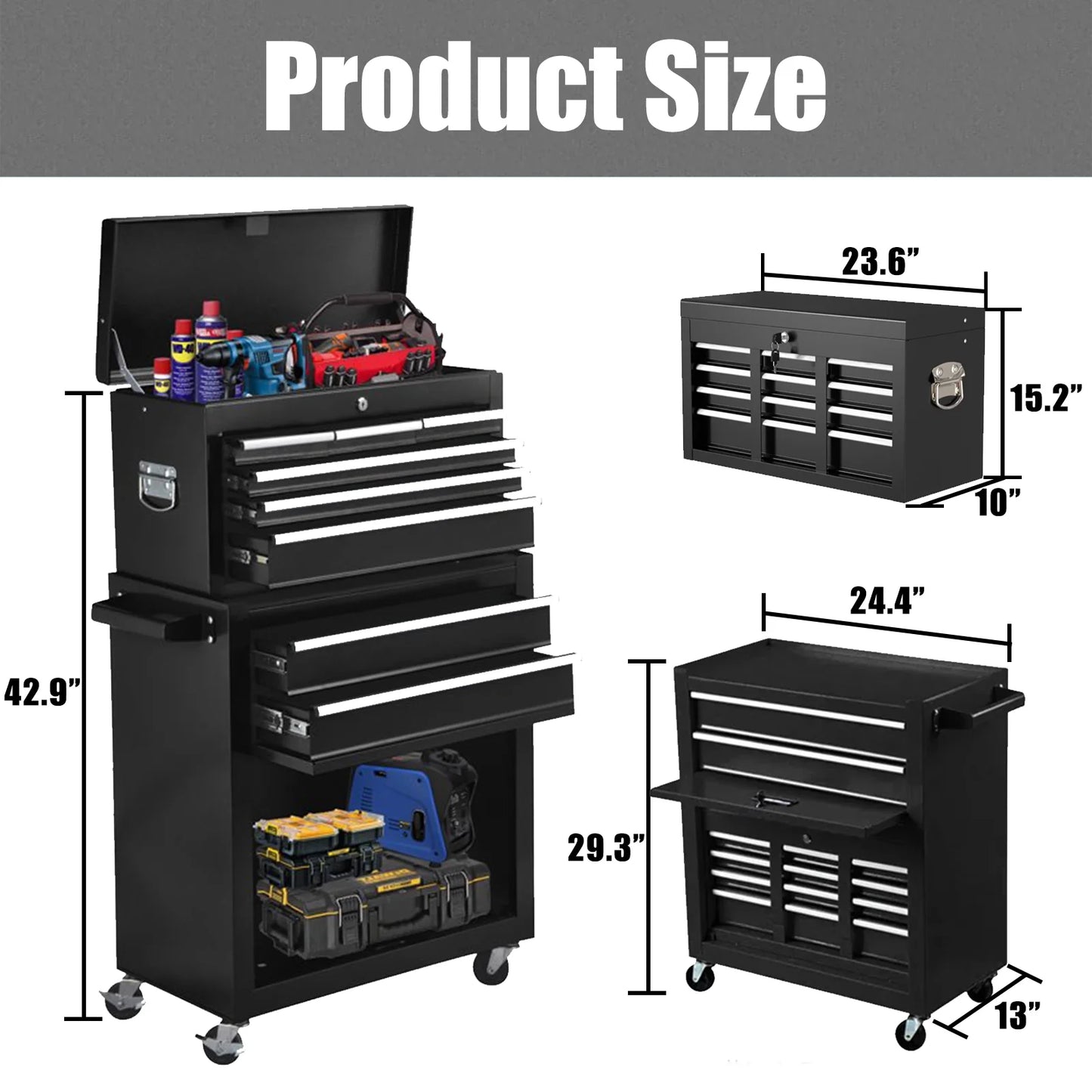 8-Drawer Rolling Tool Chest, Large Tool Cabinet with Wheels, Detachable Toolbox Storage for Garage, Repair Shop, Workshop, Black