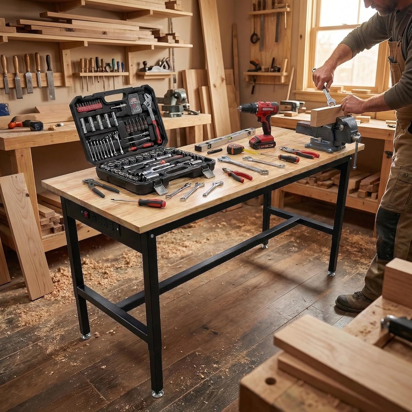 48" Adjustable Workbench for Garage - Height Adjustable 29.5-38.6 Inches with Pegboard & Power Outlet, 2500 Lbs Load Capacity Heavy-Duty Steel Frame Workstation, Hardwood