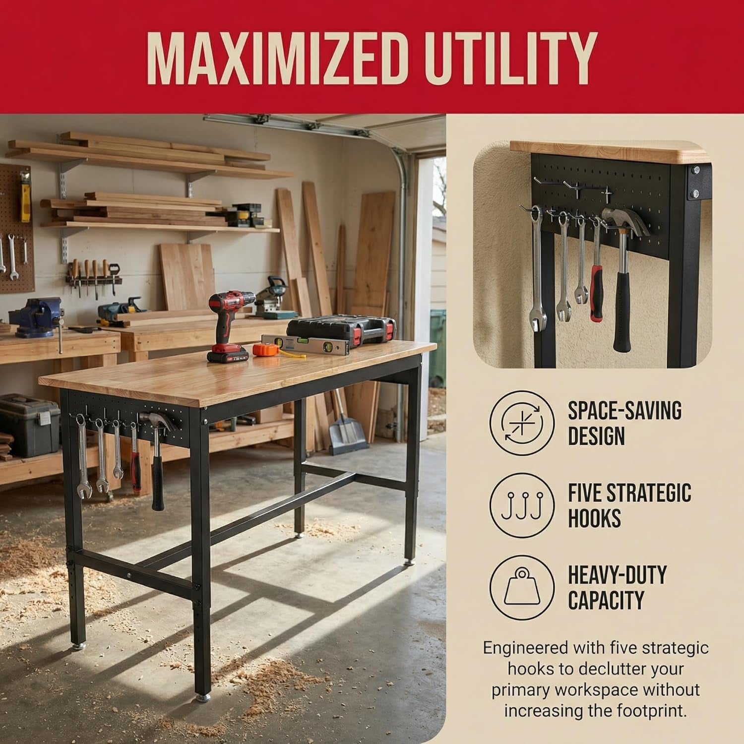 48" Adjustable Workbench for Garage - Height Adjustable 29.5-38.6 Inches with Pegboard & Power Outlet, 2500 Lbs Load Capacity Heavy-Duty Steel Frame Workstation, Hardwood