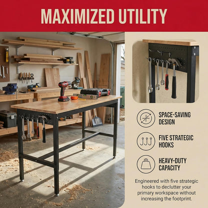 48" Adjustable Workbench for Garage - Height Adjustable 29.5-38.6 Inches with Pegboard & Power Outlet, 2500 Lbs Load Capacity Heavy-Duty Steel Frame Workstation, Hardwood