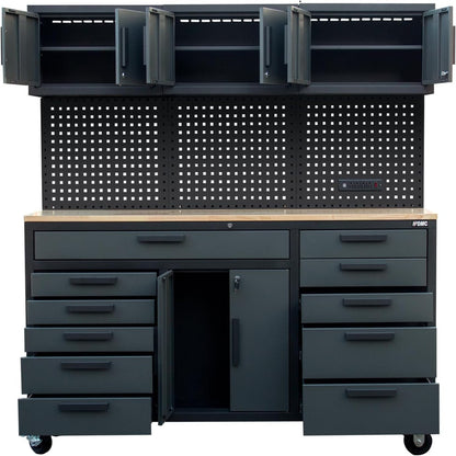 72In Rolling Tool Chest Cabinet Mobile Garage Workbench Heavy-Duty Tool Cabinet on Wheels with 11 Drawers, 2-Door Cabinet, 3 Top Cabinet, Pegboard & Power Strip for Tool Organization