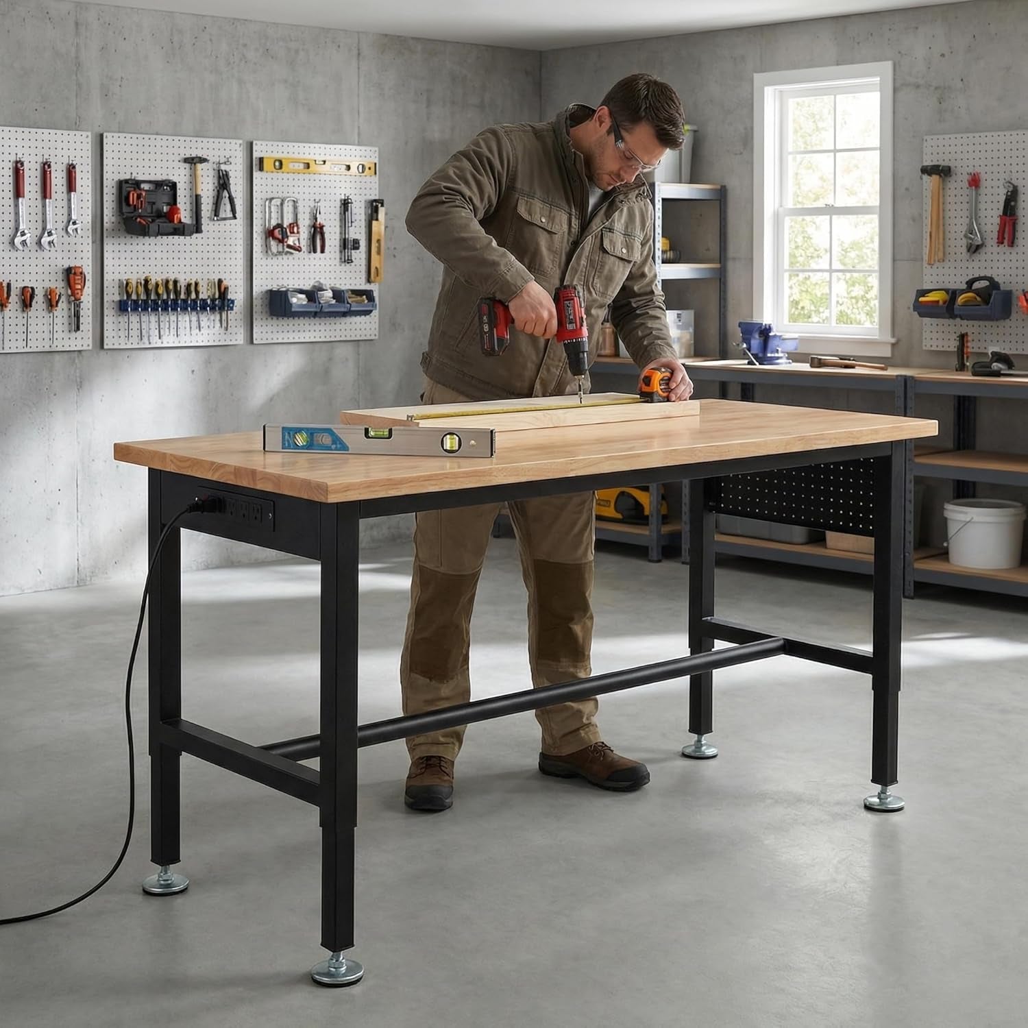 48" Adjustable Workbench for Garage - Height Adjustable 29.5-38.6 Inches with Pegboard & Power Outlet, 2500 Lbs Load Capacity Heavy-Duty Steel Frame Workstation, Hardwood