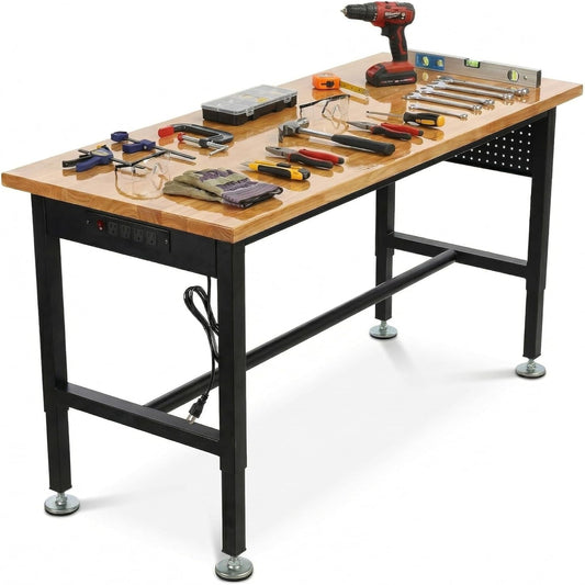 48" Adjustable Workbench for Garage - Height Adjustable 29.5-38.6 Inches with Pegboard & Power Outlet, 2500 Lbs Load Capacity Heavy-Duty Steel Frame Workstation, Hardwood