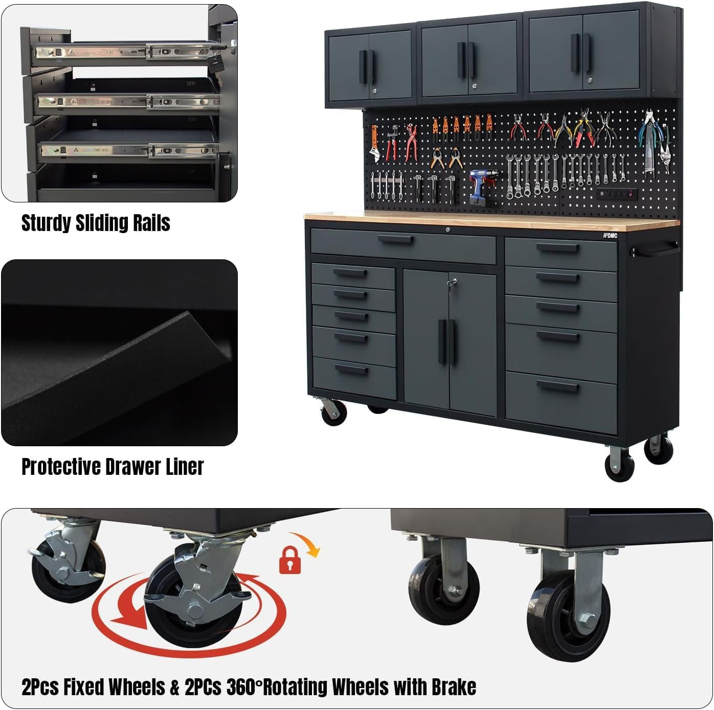 72In Rolling Tool Chest Cabinet Mobile Garage Workbench Heavy-Duty Tool Cabinet on Wheels with 11 Drawers, 2-Door Cabinet, 3 Top Cabinet, Pegboard & Power Strip for Tool Organization