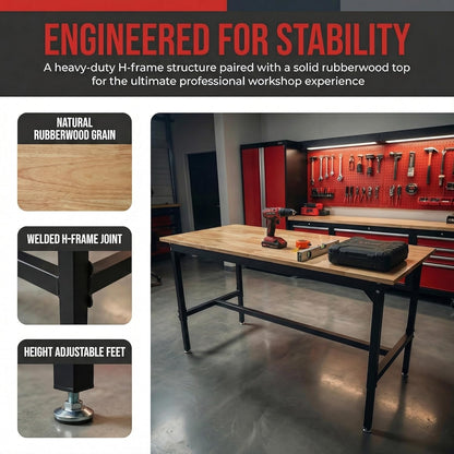 48" Adjustable Workbench for Garage - Height Adjustable 29.5-38.6 Inches with Pegboard & Power Outlet, 2500 Lbs Load Capacity Heavy-Duty Steel Frame Workstation, Hardwood