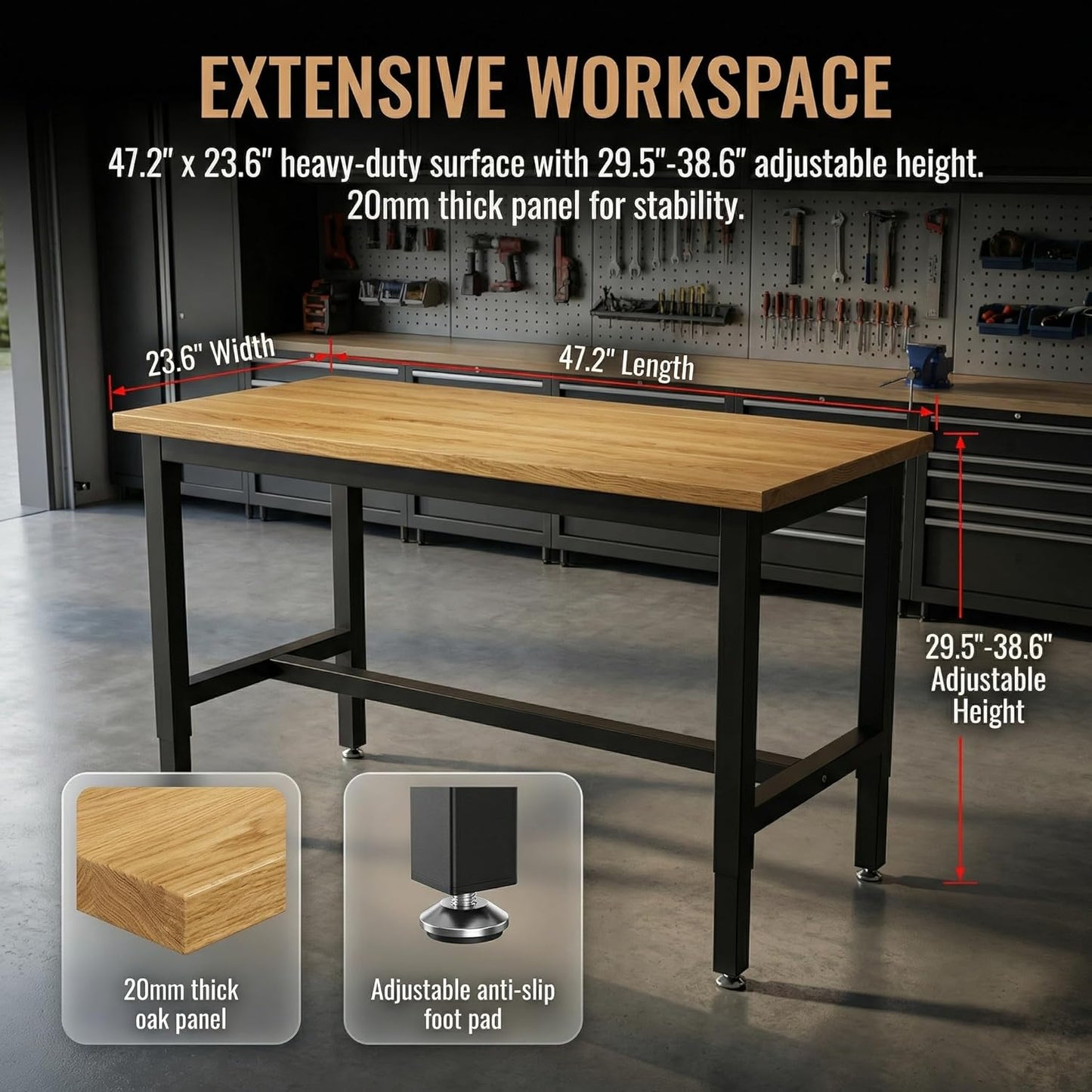 48" Adjustable Workbench for Garage - Height Adjustable 29.5-38.6 Inches with Pegboard & Power Outlet, 2500 Lbs Load Capacity Heavy-Duty Steel Frame Workstation, Hardwood