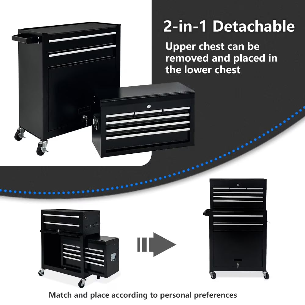 8-Drawer Rolling Tool Chest, Large Tool Cabinet with Wheels, Detachable Toolbox Storage for Garage, Repair Shop, Workshop, Black