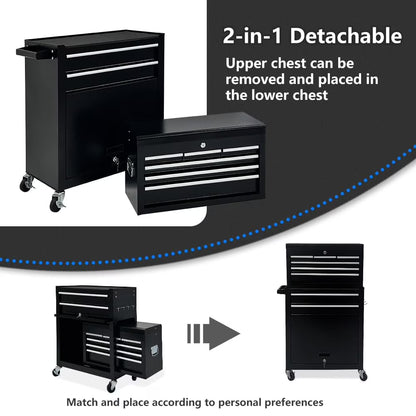 8-Drawer Rolling Tool Chest, Large Tool Cabinet with Wheels, Detachable Toolbox Storage for Garage, Repair Shop, Workshop, Black